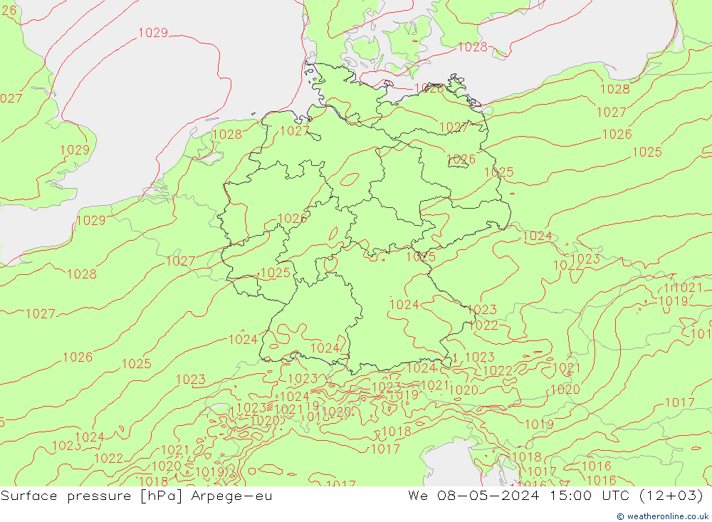 地面气压 Arpege-eu 星期三 08.05.2024 15 UTC