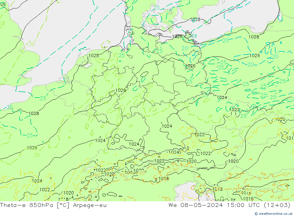 Theta-e 850hPa Arpege-eu wo 08.05.2024 15 UTC