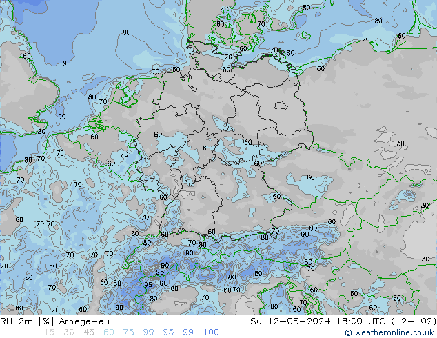Humidité rel. 2m Arpege-eu dim 12.05.2024 18 UTC