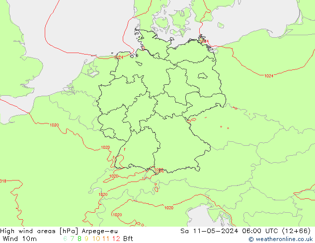 High wind areas Arpege-eu Sa 11.05.2024 06 UTC