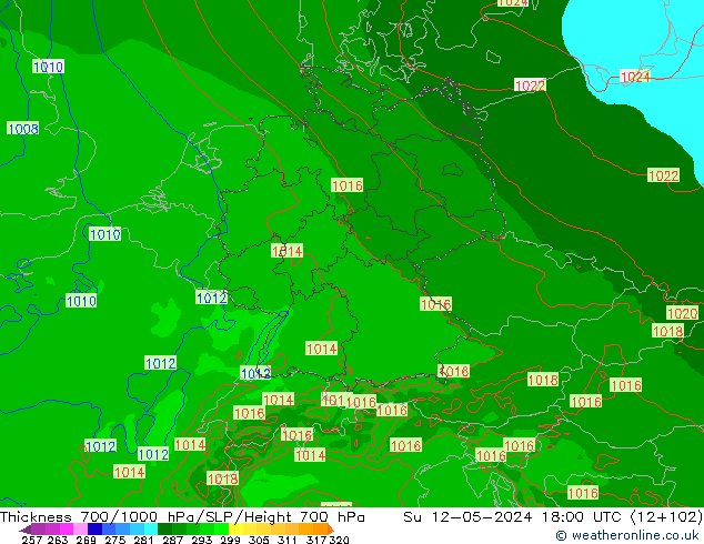 Thck 700-1000 hPa Arpege-eu dim 12.05.2024 18 UTC