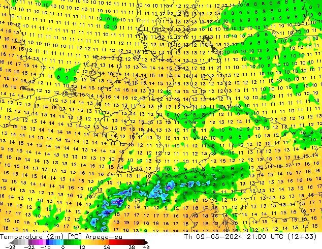 Temperature (2m) Arpege-eu Th 09.05.2024 21 UTC