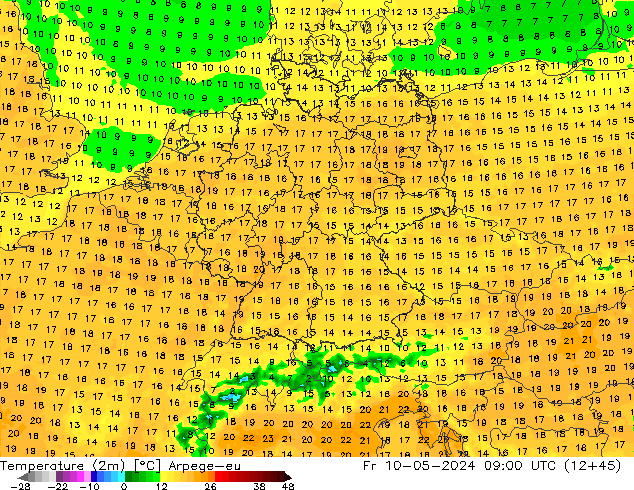 température (2m) Arpege-eu ven 10.05.2024 09 UTC