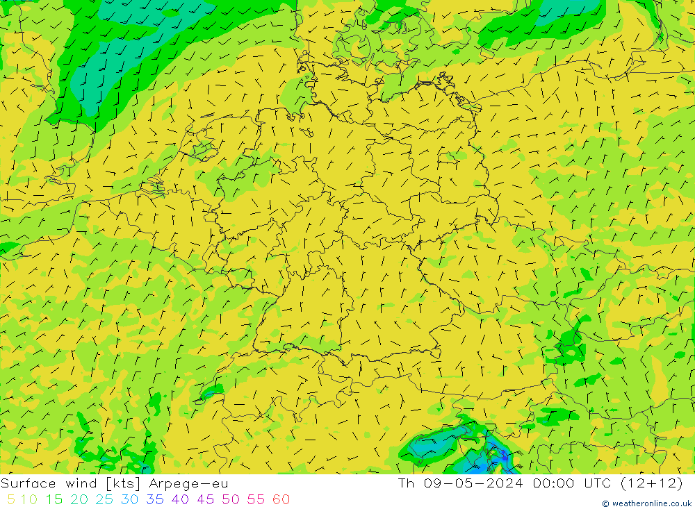 Surface wind Arpege-eu Th 09.05.2024 00 UTC