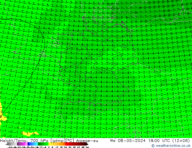 Height/Temp. 700 hPa Arpege-eu 星期三 08.05.2024 18 UTC