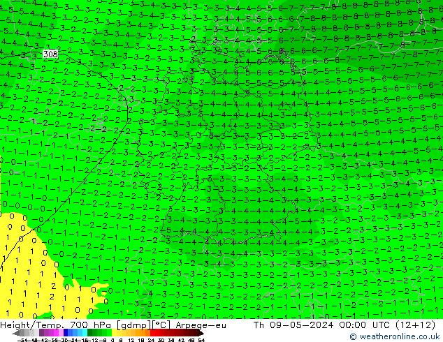 Height/Temp. 700 hPa Arpege-eu  09.05.2024 00 UTC