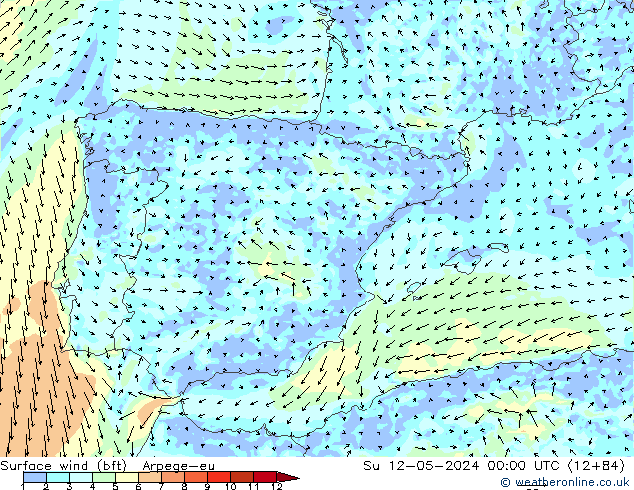 Surface wind (bft) Arpege-eu Su 12.05.2024 00 UTC