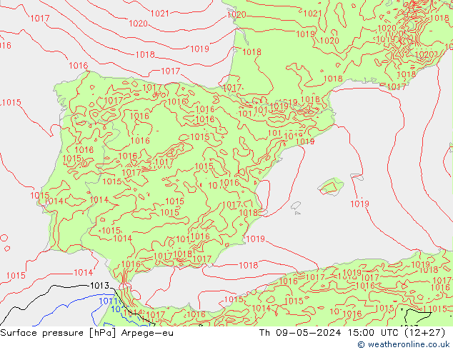 Presión superficial Arpege-eu jue 09.05.2024 15 UTC