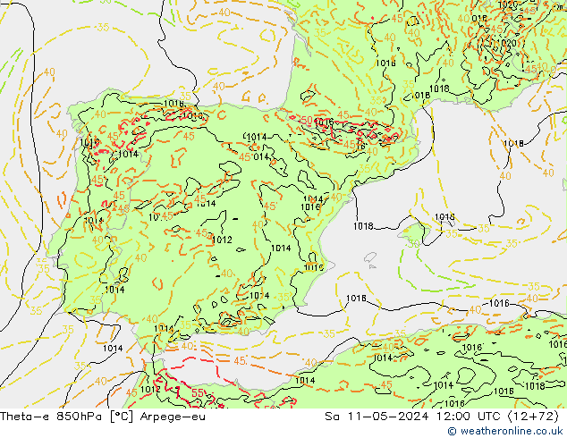 Theta-e 850hPa Arpege-eu Sa 11.05.2024 12 UTC