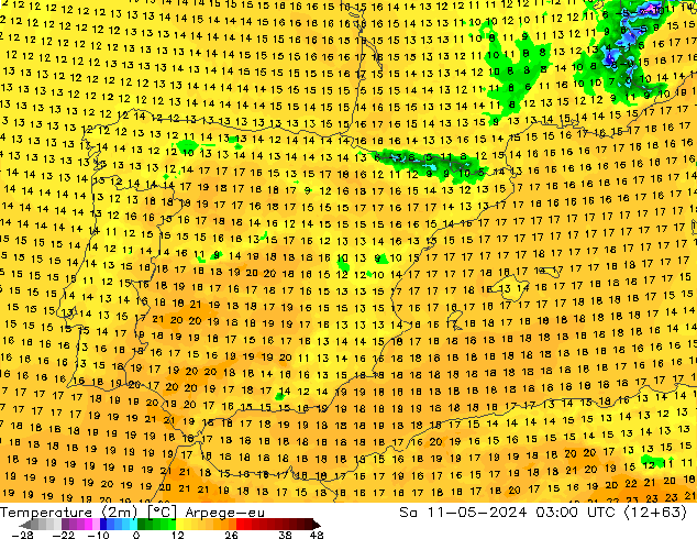 Temperatuurkaart (2m) Arpege-eu za 11.05.2024 03 UTC