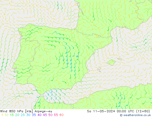 ветер 850 гПа Arpege-eu сб 11.05.2024 00 UTC