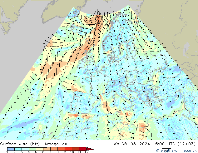 Surface wind (bft) Arpege-eu We 08.05.2024 15 UTC