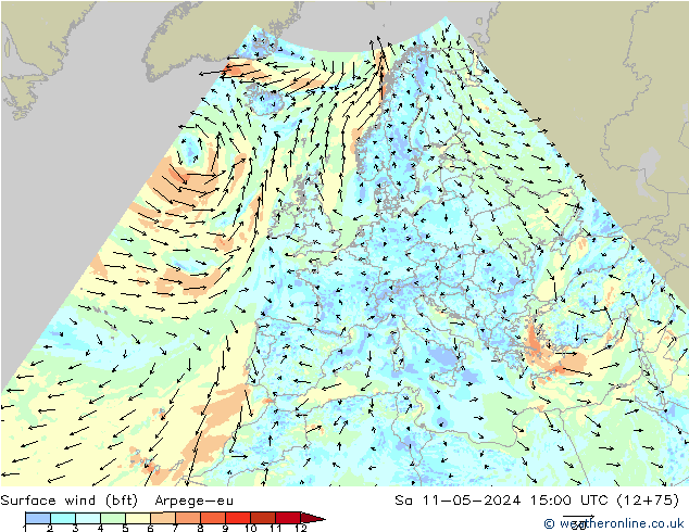 Surface wind (bft) Arpege-eu So 11.05.2024 15 UTC