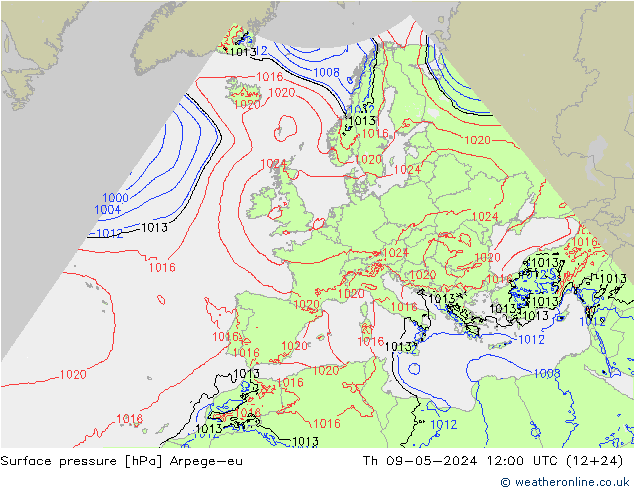 Surface pressure Arpege-eu Th 09.05.2024 12 UTC