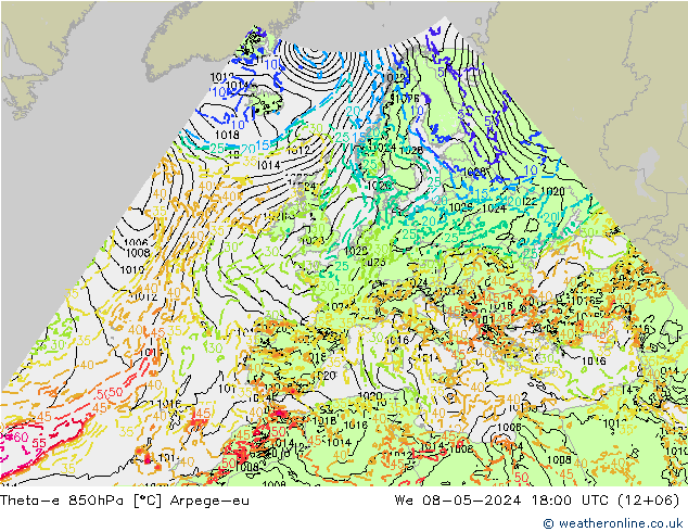 Theta-e 850hPa Arpege-eu Mi 08.05.2024 18 UTC