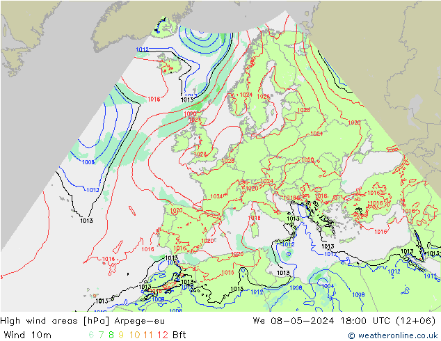 High wind areas Arpege-eu Qua 08.05.2024 18 UTC