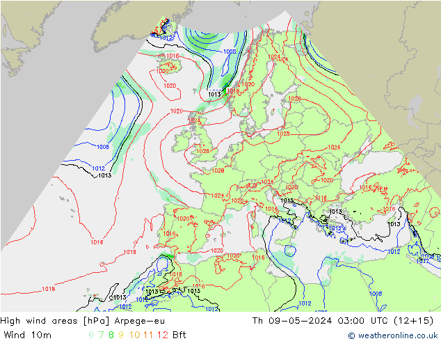 High wind areas Arpege-eu Th 09.05.2024 03 UTC