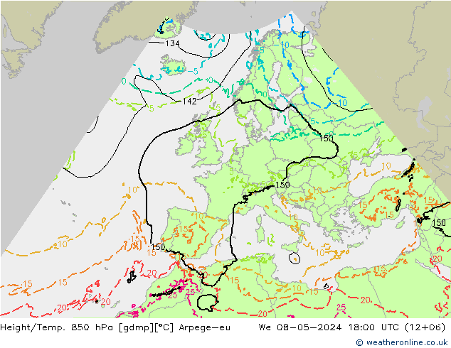 Height/Temp. 850 hPa Arpege-eu We 08.05.2024 18 UTC