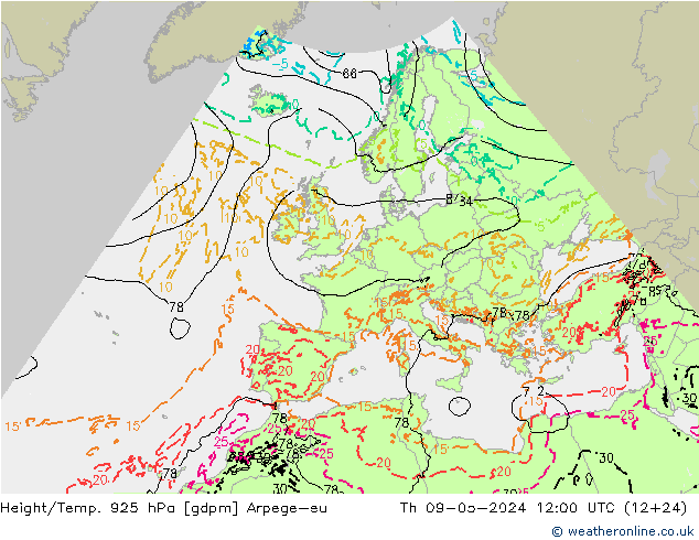 Height/Temp. 925 hPa Arpege-eu 星期四 09.05.2024 12 UTC