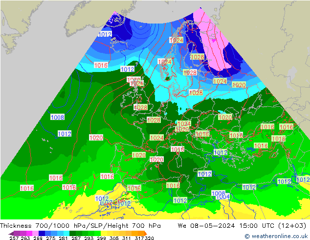 Thck 700-1000 hPa Arpege-eu śro. 08.05.2024 15 UTC