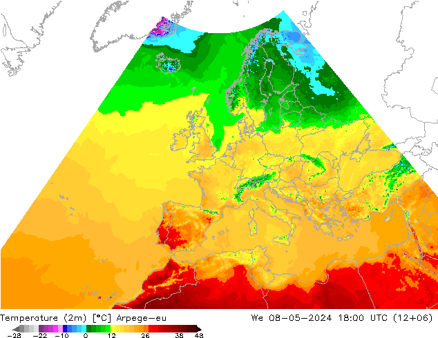 Temperatuurkaart (2m) Arpege-eu wo 08.05.2024 18 UTC