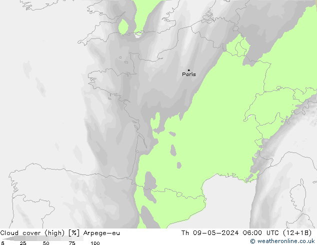 Cloud cover (high) Arpege-eu Th 09.05.2024 06 UTC
