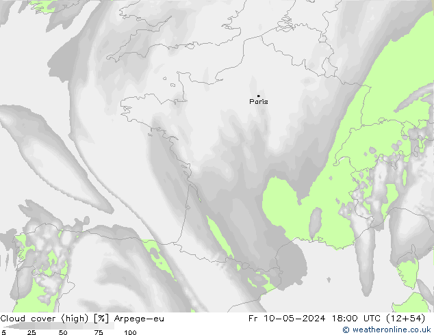 Cloud cover (high) Arpege-eu Fr 10.05.2024 18 UTC