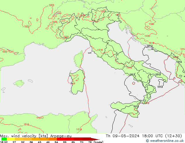 Max. wind velocity Arpege-eu чт 09.05.2024 18 UTC