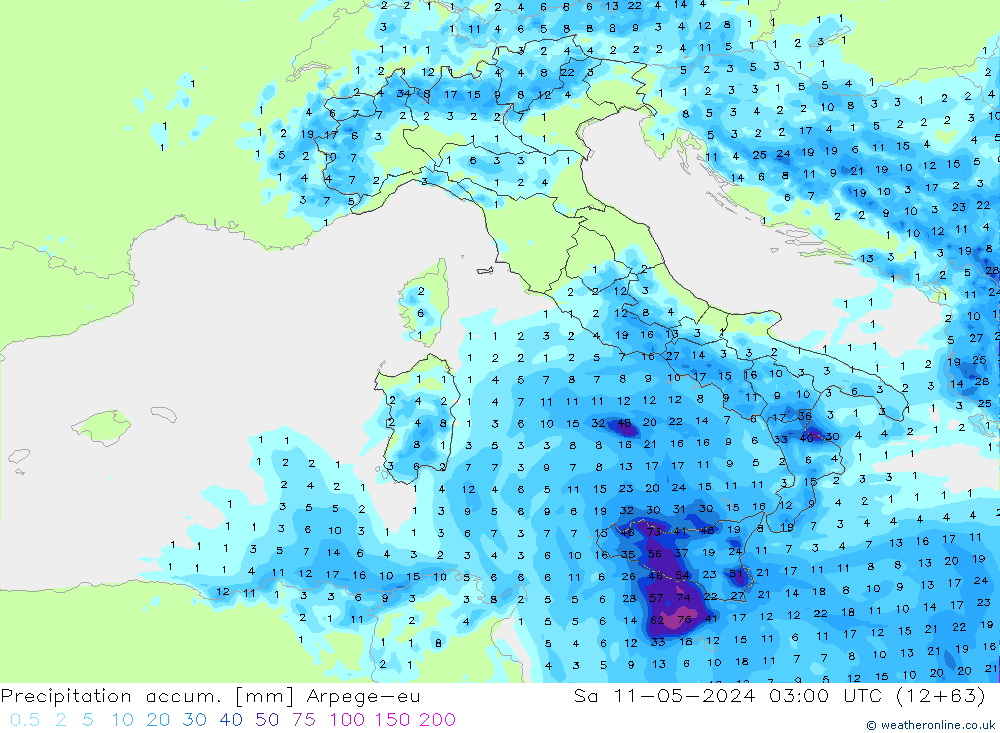 Totale neerslag Arpege-eu za 11.05.2024 03 UTC