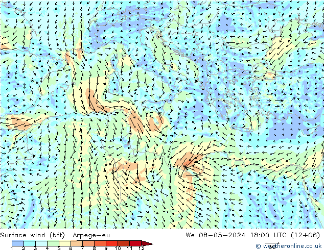 Vento 10 m (bft) Arpege-eu Qua 08.05.2024 18 UTC