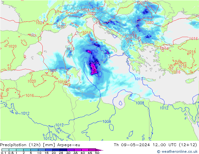 Precipitación (12h) Arpege-eu jue 09.05.2024 00 UTC