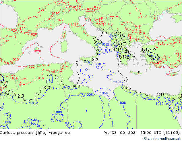 Pressione al suolo Arpege-eu mer 08.05.2024 15 UTC