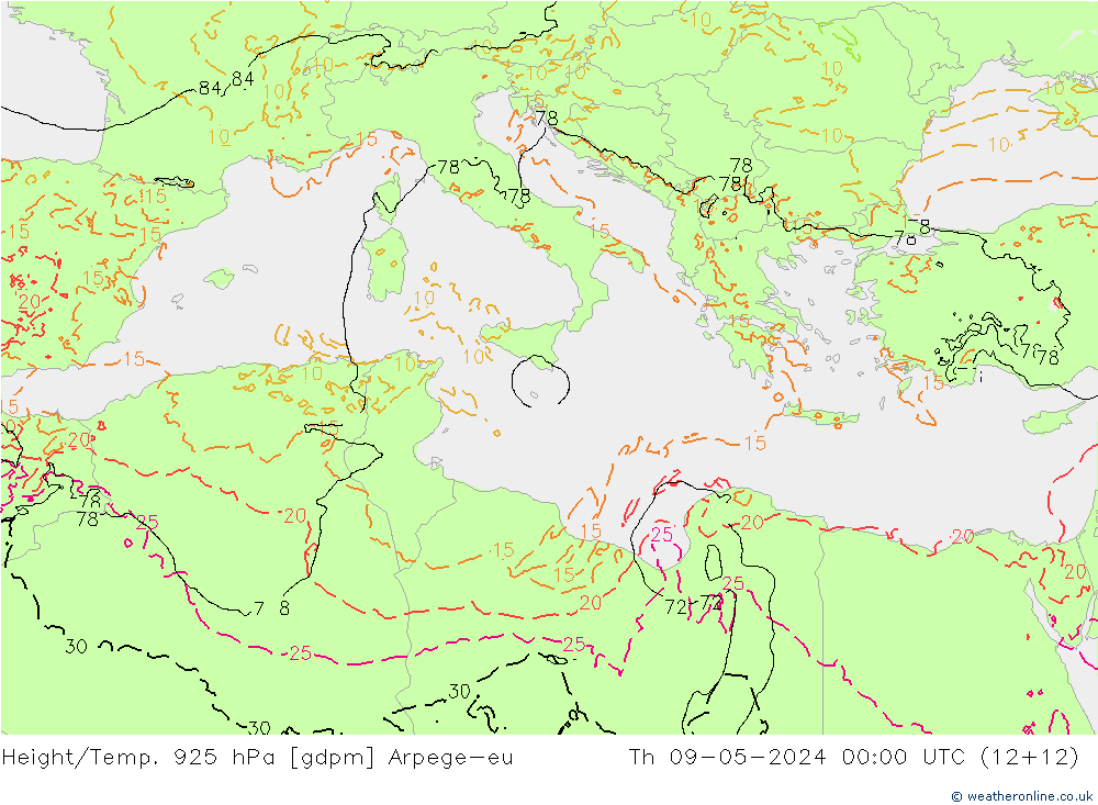Height/Temp. 925 hPa Arpege-eu Th 09.05.2024 00 UTC