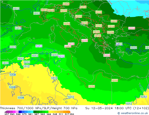 Thck 700-1000 hPa Arpege-eu nie. 12.05.2024 18 UTC