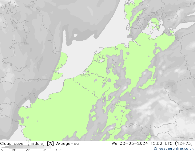 Cloud cover (middle) Arpege-eu We 08.05.2024 15 UTC