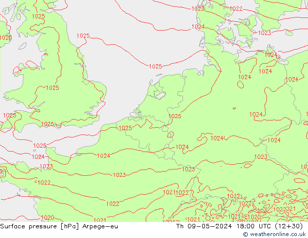 Surface pressure Arpege-eu Th 09.05.2024 18 UTC