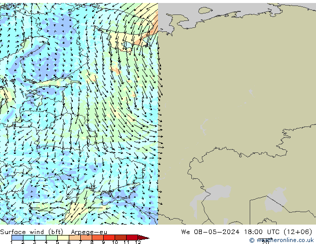 Surface wind (bft) Arpege-eu We 08.05.2024 18 UTC