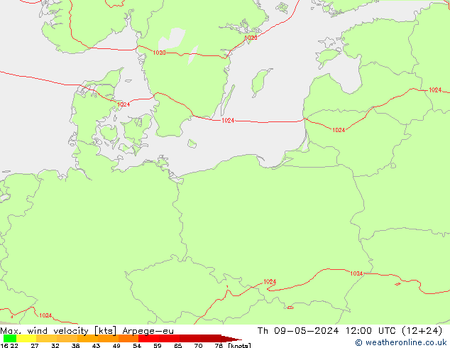 Max. wind velocity Arpege-eu Th 09.05.2024 12 UTC