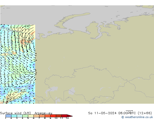 Wind 10 m (bft) Arpege-eu za 11.05.2024 06 UTC