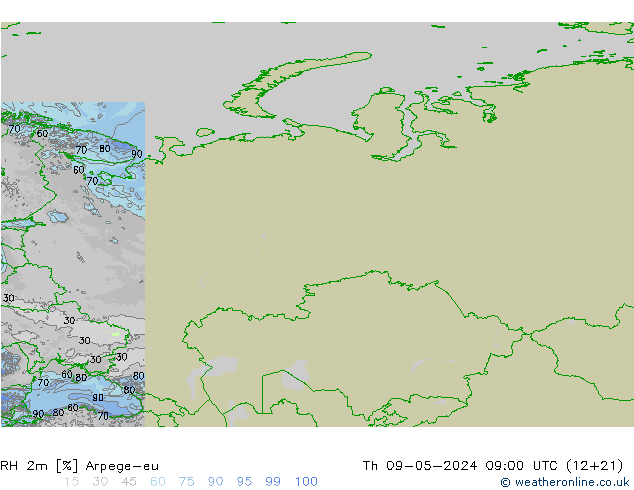 RH 2m Arpege-eu Čt 09.05.2024 09 UTC