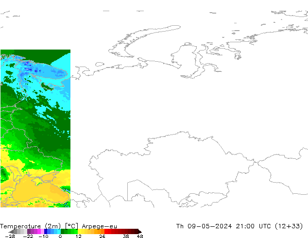 Temperatura (2m) Arpege-eu Qui 09.05.2024 21 UTC