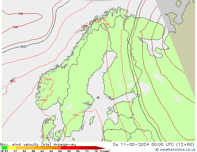 Max. wind velocity Arpege-eu Sáb 11.05.2024 00 UTC