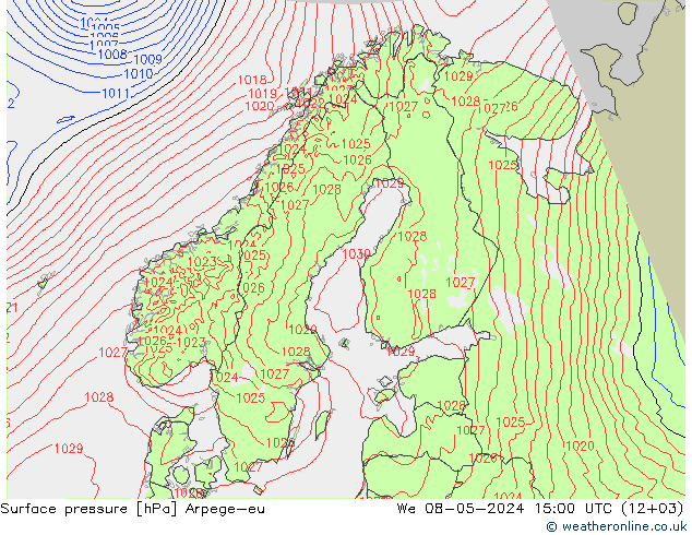 Pressione al suolo Arpege-eu mer 08.05.2024 15 UTC