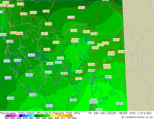 Thck 700-1000 hPa Arpege-eu Th 09.05.2024 18 UTC