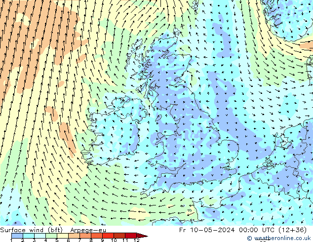 Wind 10 m (bft) Arpege-eu vr 10.05.2024 00 UTC