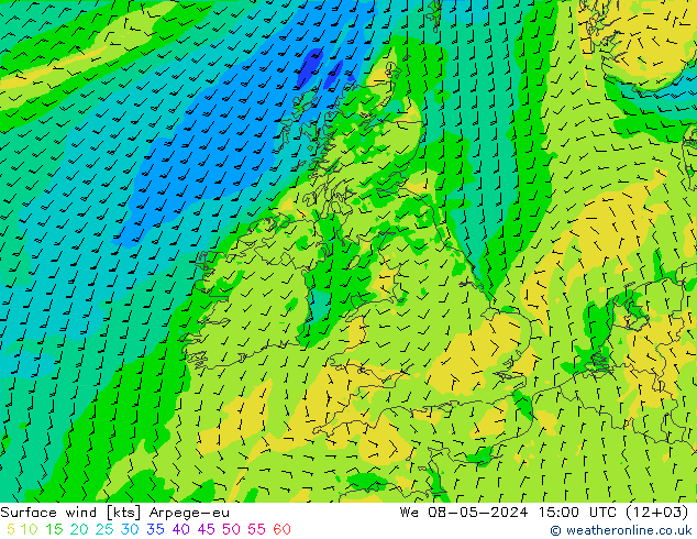 Surface wind Arpege-eu We 08.05.2024 15 UTC