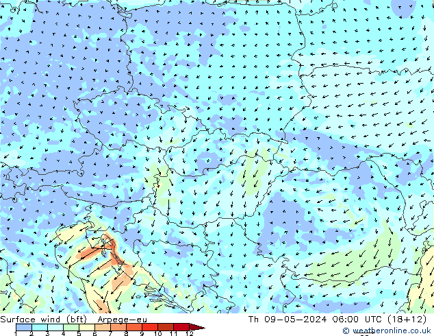 Wind 10 m (bft) Arpege-eu do 09.05.2024 06 UTC