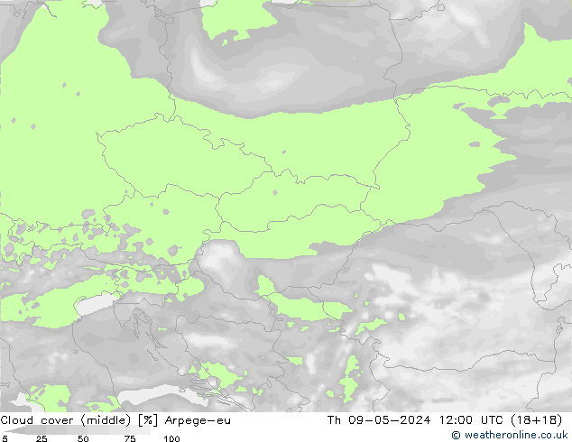 Cloud cover (middle) Arpege-eu Th 09.05.2024 12 UTC