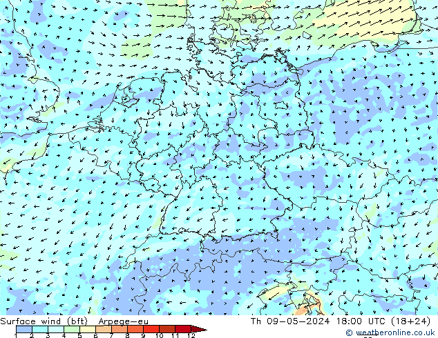 Surface wind (bft) Arpege-eu Čt 09.05.2024 18 UTC