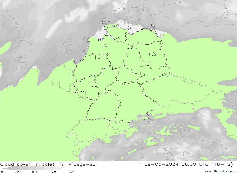 Cloud cover (middle) Arpege-eu Th 09.05.2024 06 UTC